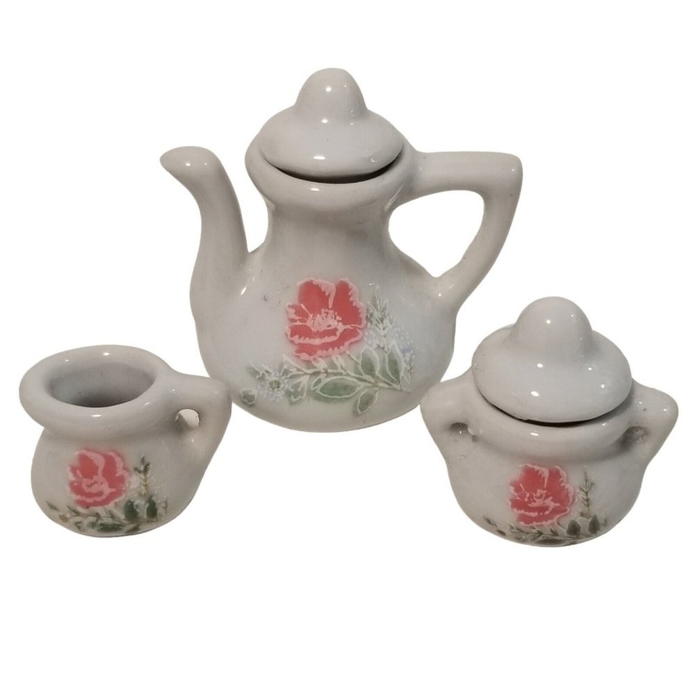 Miniature Tea Set Play Dishes Porcelain Pink Rose Teapot Creamer Sugar Dish Mini - Picture 3 of 11